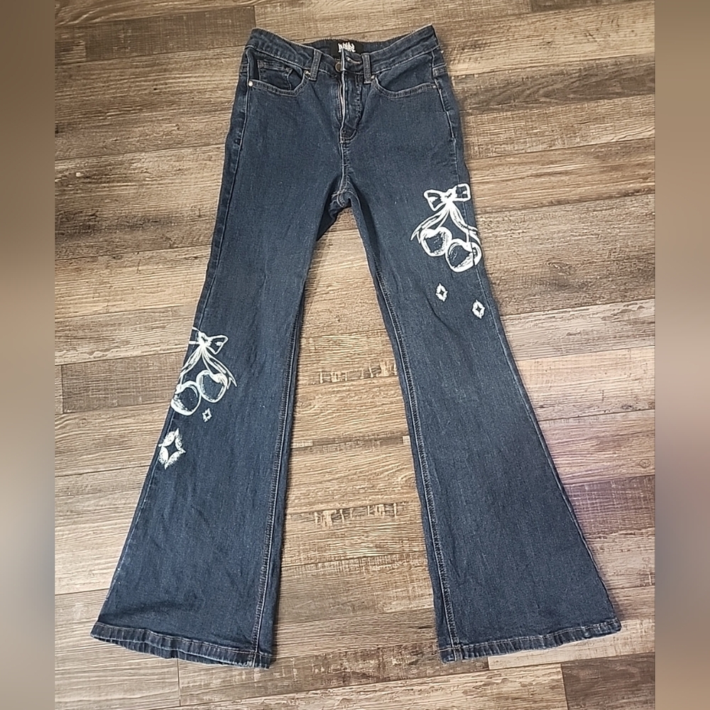 Empyre Blue Flare Jeans with White Cherry Embroidery